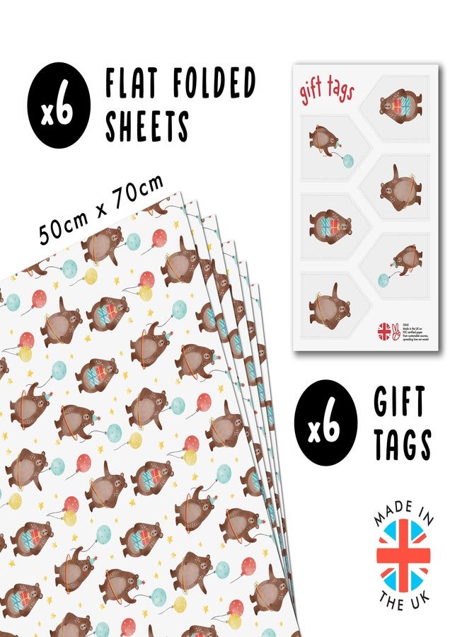 CENTRAL 23 Happy Birthday Wrapping Paper For Boys And Girl - 6 Sheets Eco Gift Wrap - Baby Animal Wrapping Paper - Cute Bear Print For Kids - Comes With Fun Stickers - Recyclable - Image 2